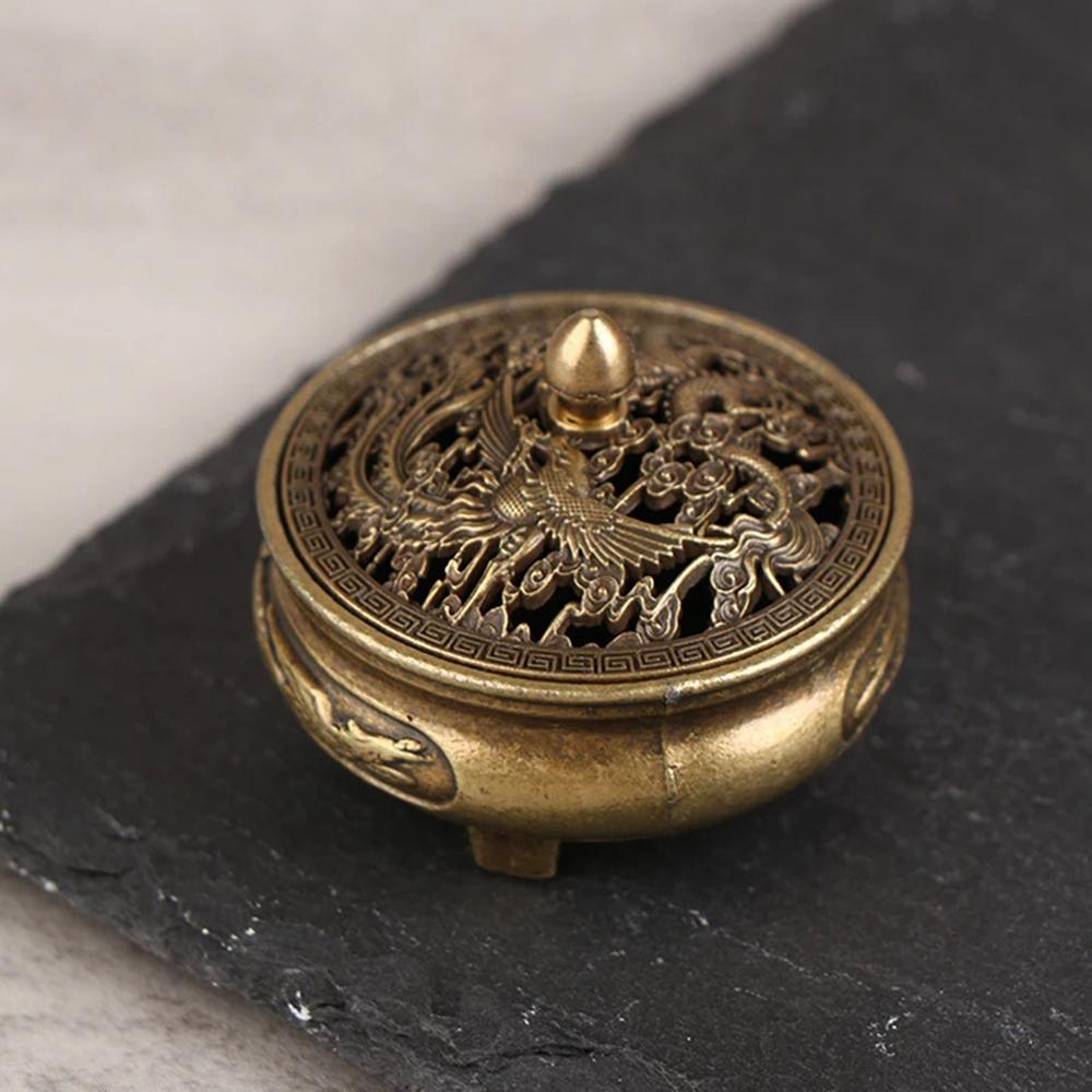 Antique Brasses Pocket Incense Burner Mini Hollow Incense Ornament Ancient Chinese Tea Table Decoration Dragon And Phoenix
