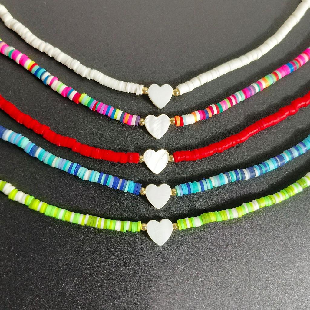 Multicolor Polymer Clay Shell & Peach Heart Pendant Necklace