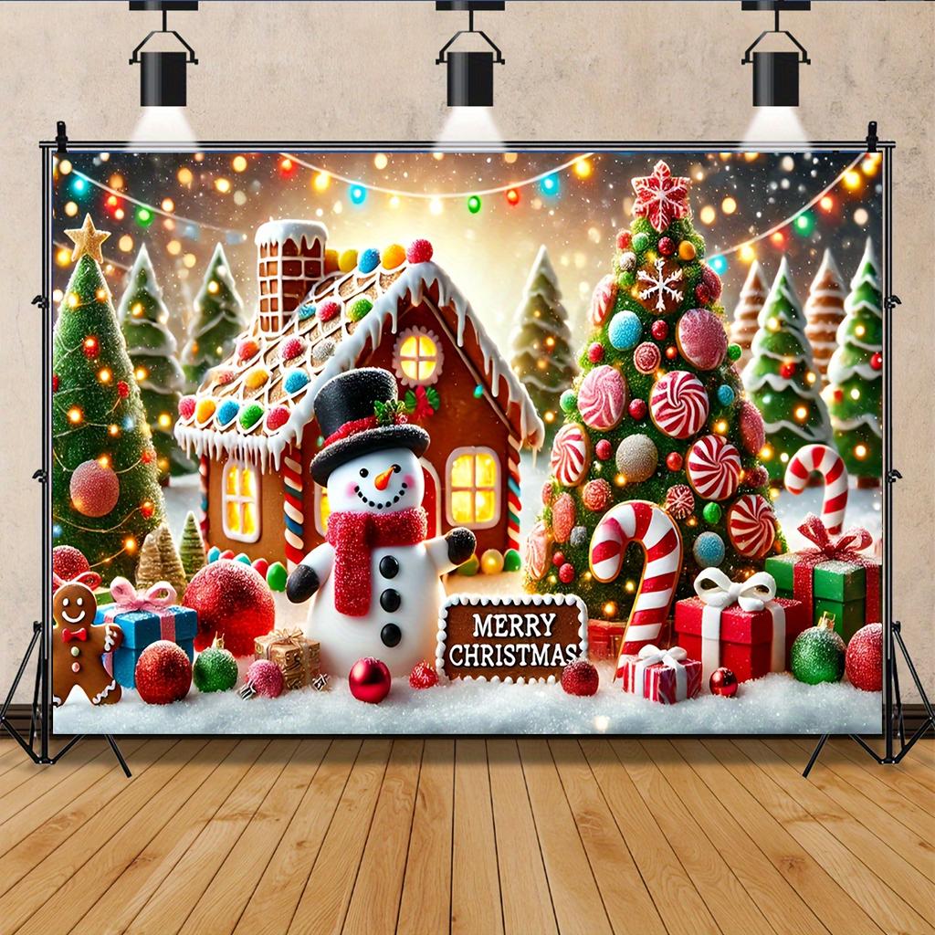 1pc 2D Flat Christmas Background Cloth Including Gingerbread House Candy Cane Christmas Tree and Snowman