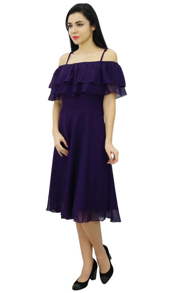 Bimba Women's Solid Georgette Off Shoulder Ruffle Plain Shift Dress