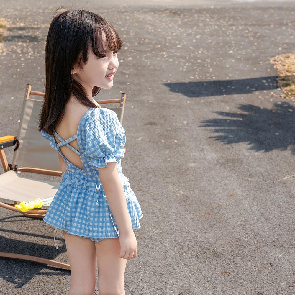 Costum de baie întreg cu carouri de desene animate pentru fetițe