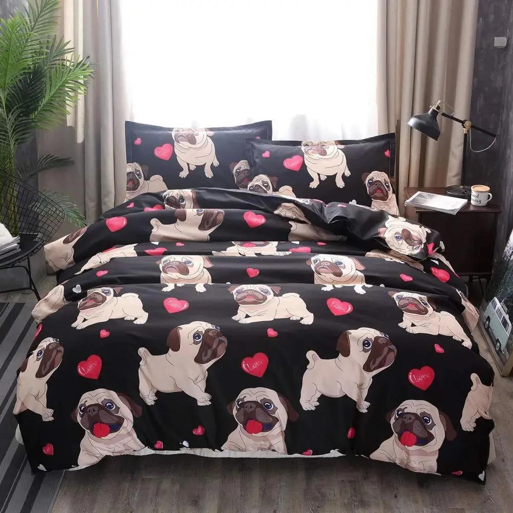 Cartoon Pug Dog Duvet Cover Set Comforter Cover Soft Bedding Set Full Size for Boys Girls Bedroom 2/3 Pieces with Pillow Shams