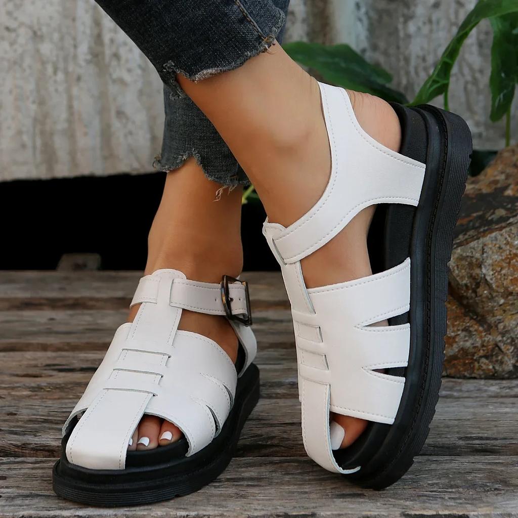 Platform Roman Sandalias Women Round Toe Hollow Out Casual Summer Shoes Flat Bottom Baotou Weave Sandales Female Black Footwear