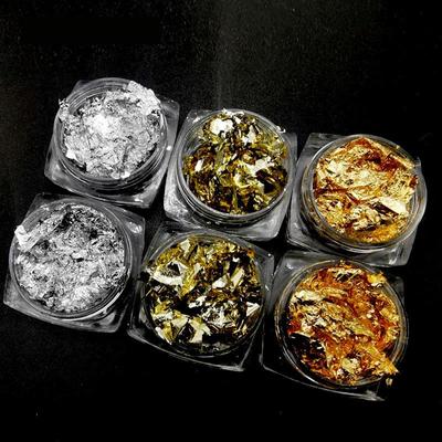 6 Stück unregelmäßiger Blattgold-Glitzer, gebrochene Gold- und Silberstücke, mit Epoxidharz gefüllte Farbe, DIY-Nageldekorationszubehör