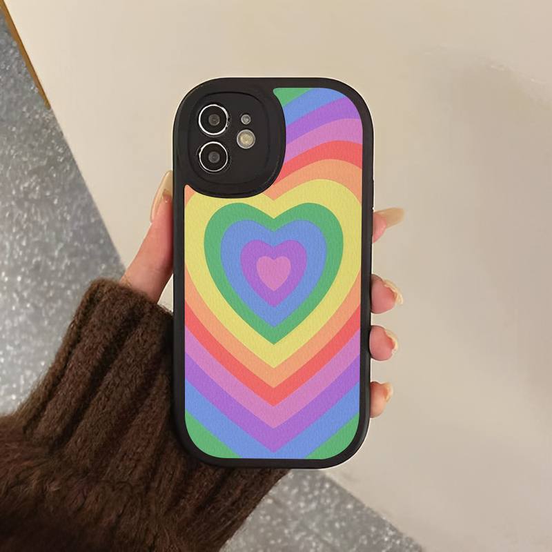Heart Circle Phone Case Hard Leather Phone Case for iPhone 13 12 Mini 11 14 Pro Max Xs X Xr 7 8 Plus 6 6s Se 2022 Silicone Cover