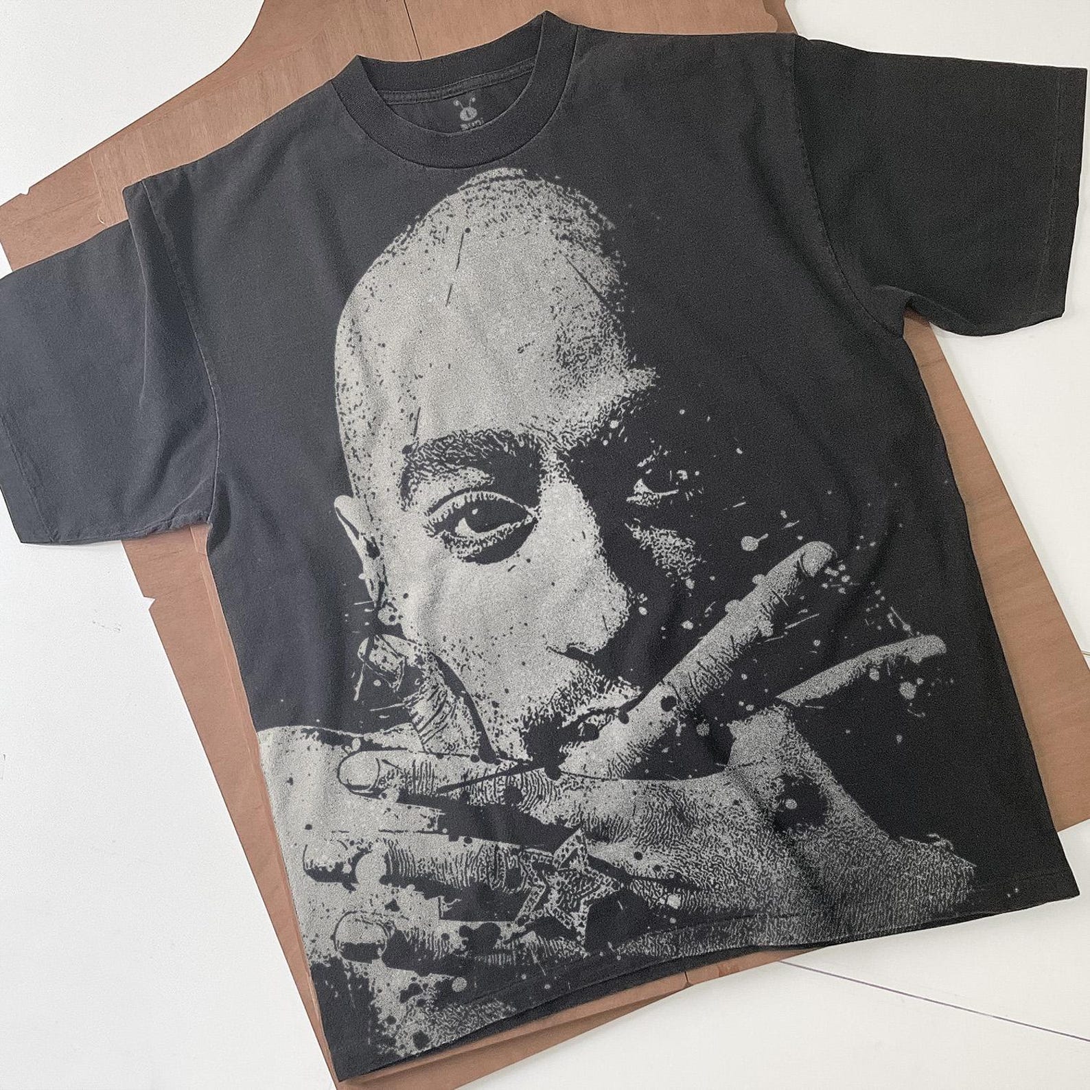 Tupac Bleached T-Shirt: Handmade Faded Black Cotton Unisex Tee XL