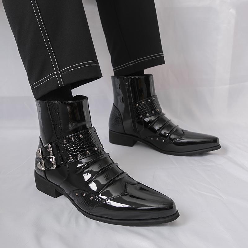 Men's Autumn Shiny Pointed Toe High-Top Chelsea Leather Boots - British Style, Formal or Casual.