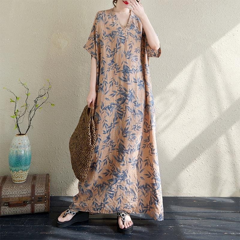 Dimanaf Plus Size 2025 Summer Dress V-Neck Women Casual Vintage Dress Basic Printing Long Loose Dress Maxi