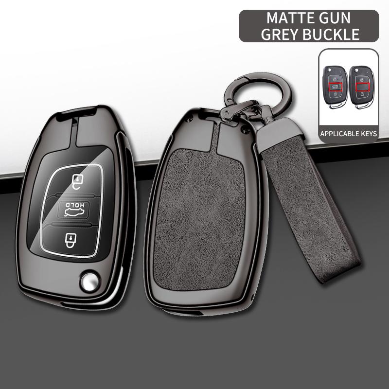 Metal Leather Car Key Case For Hyundai Solaris 2 Elantra I30 I35 I40 Tucson Kona     Key Chain Accessories