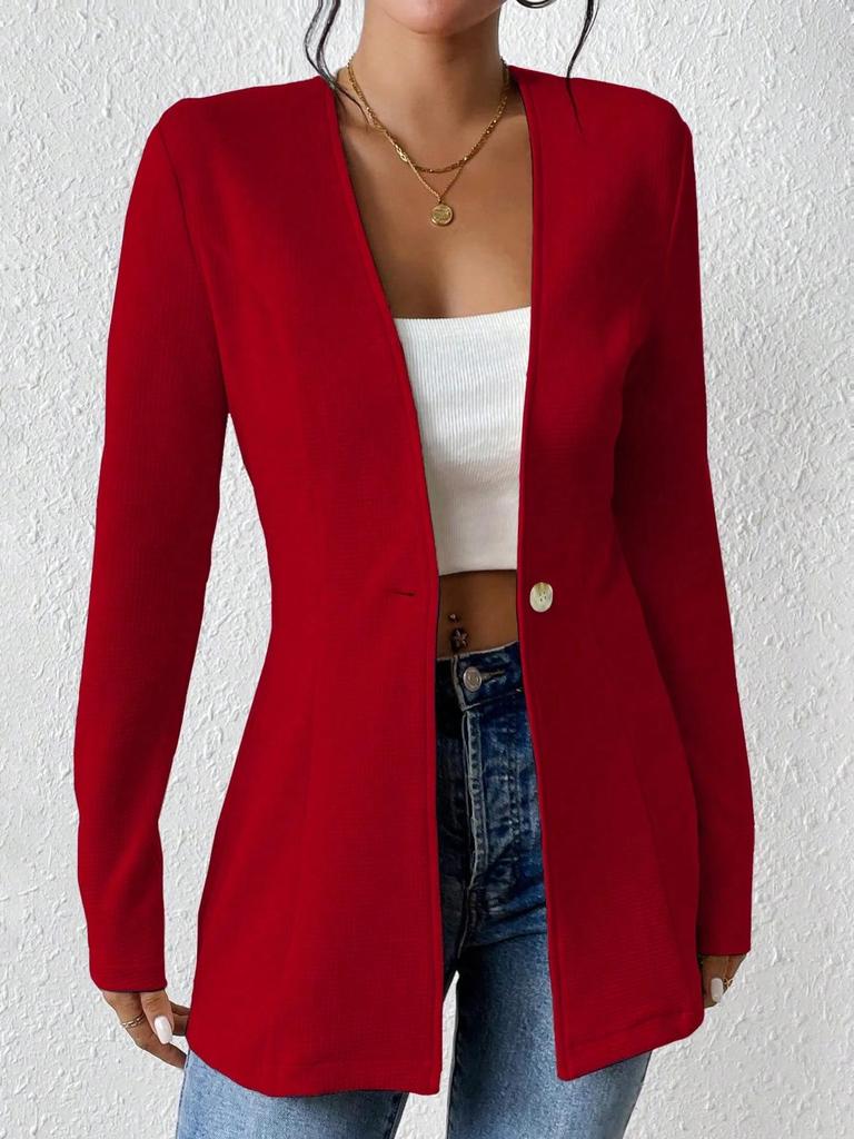 2025 Modern Korean V-Neck One-Button Solid Color Long Sleeve Jacket