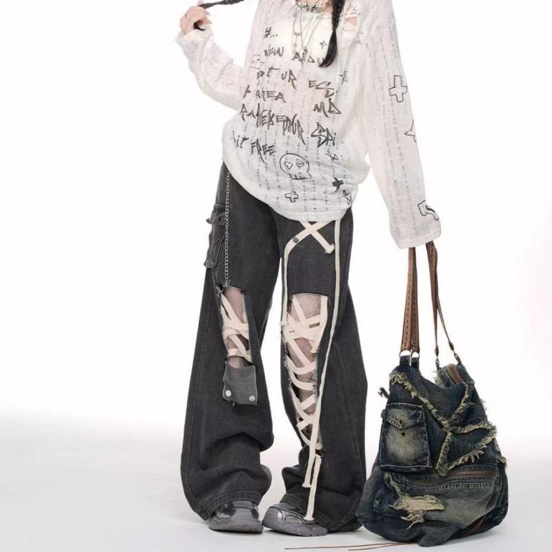 Women's New High-Waisted Wide-Leg Pants Punk Black Strap Distressed Ripped Jeans
