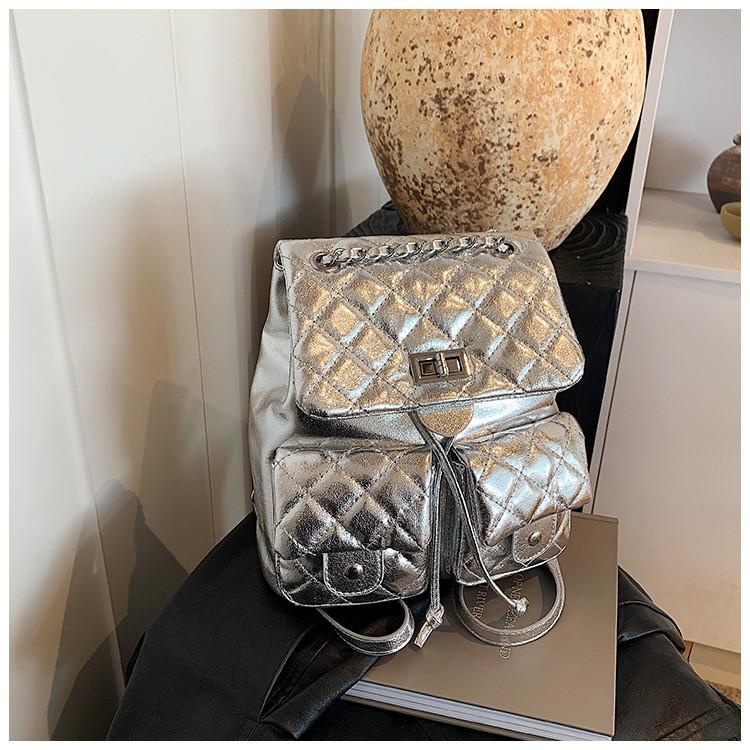 IELGY Women's Temperament Rhombus Backpack, Silver Chain Backpack