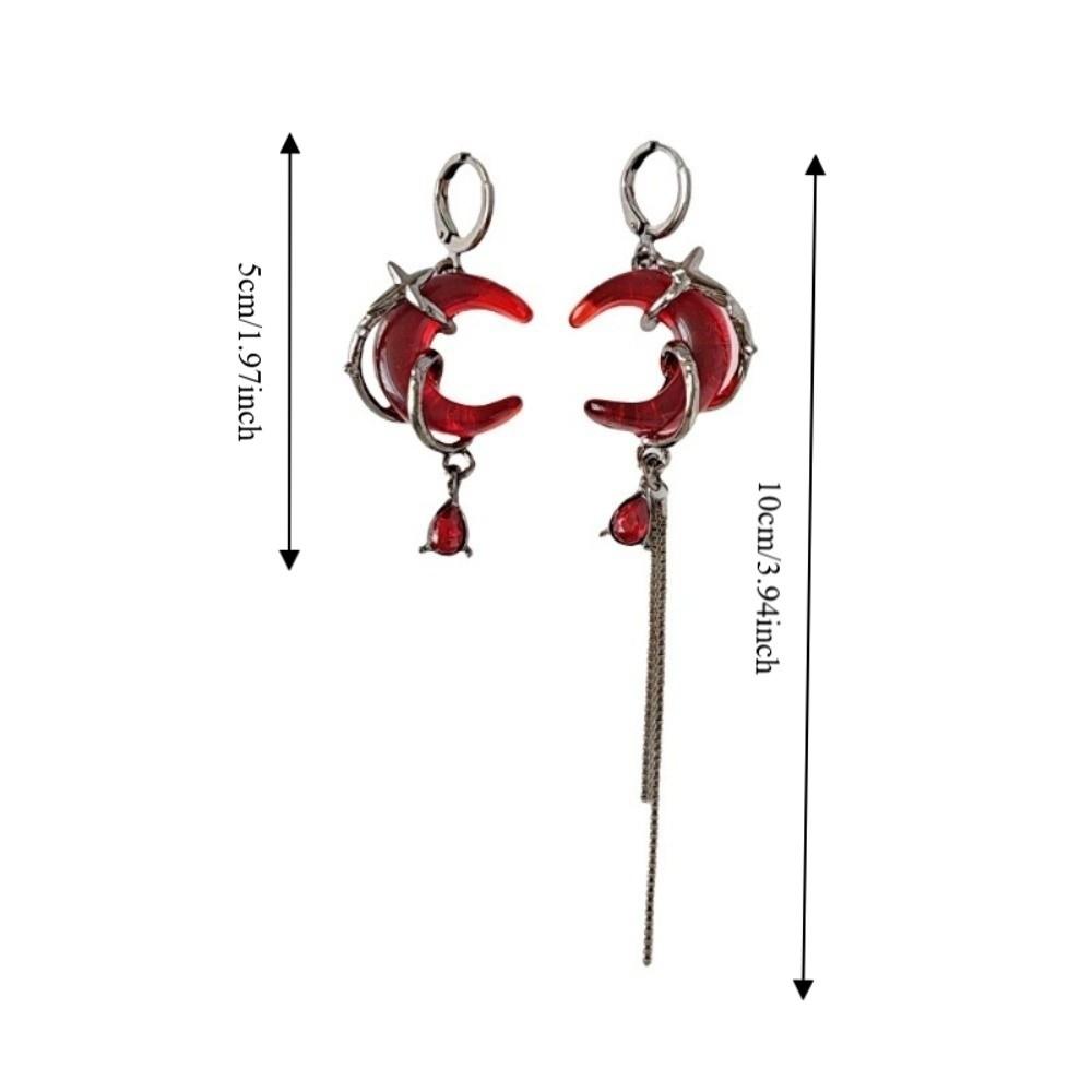 Red Crystal Asymmetry Earrings Tassel Chain Women Dangle Earrings Rhinestone Moon Earrings  Gift