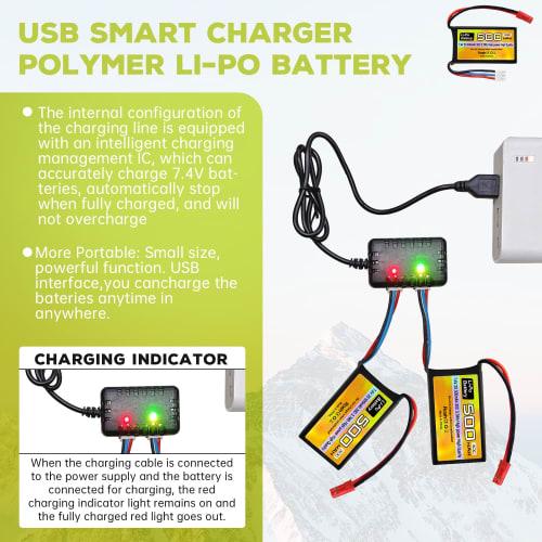 2PCS 7.4V 500mAh 30C Lithium Batteries with JST-2P Plug for Remote Control Helicopters, 4-Axis Airplanes, Small Aircraft, FPV Racer Drones, RC Cars, T