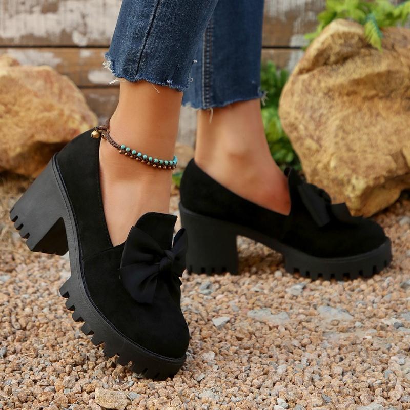Frühling und Herbst Einfarbig Schleife High Heels Dickbesohlt Einzelne Schuhe Modisch Neu Bequem Lässige Damen Schuhe