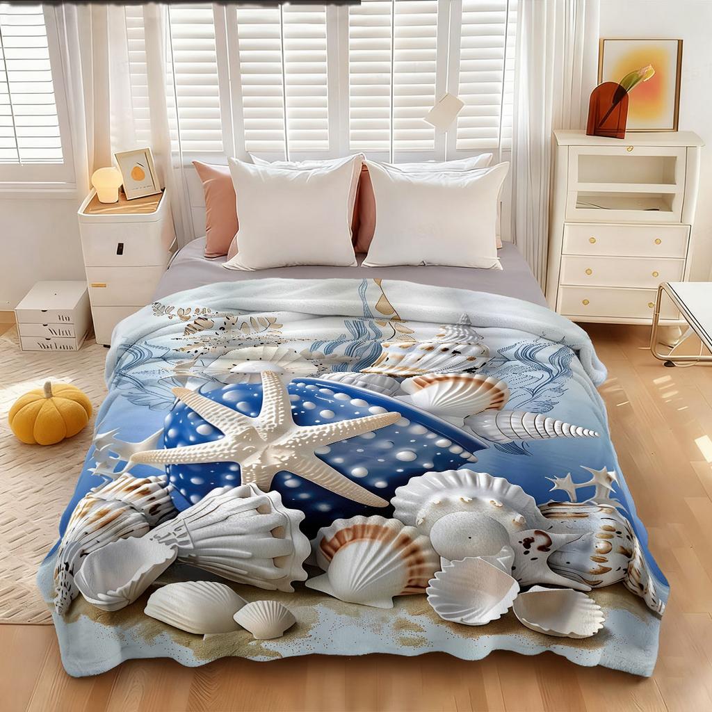 1Pc Coral Starfish Printed Flannel Blanket In Multiple Sizes, Soft And Comfortable, Suitable For Napping, Machine Washable
