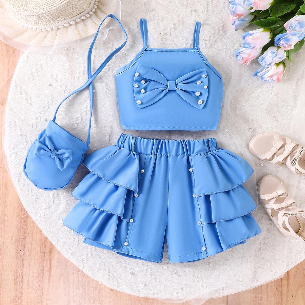 Girls' Sweet Set Summer Children's Fashion Bow Halter Top + Lace Beaded Shorts Set