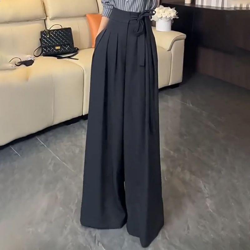 Women's High-Waisted Tie-Waist Wide-Leg Trousers - Floor-Length and Flowy