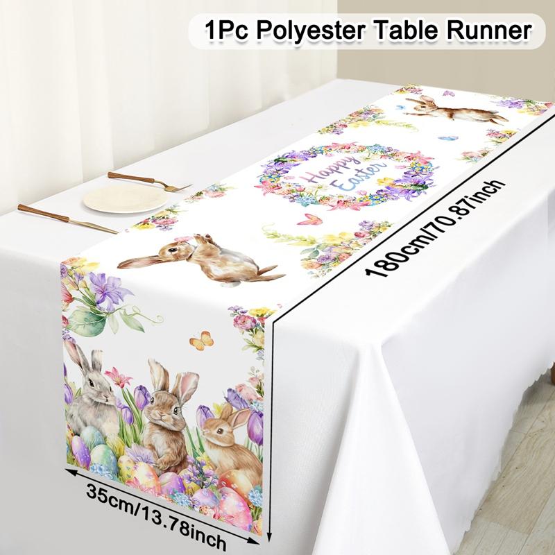 Vintage Easter Bunny Table Runner Polyester Rabbit Eggs Flower Table Flag Easter Decorations For Home Kitchen Dining Table Decor