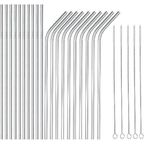 25 Piece Set Stainless Steel Straws Long 8.5 Inch Drinking Metal Straws Reble Drinking Straws for 20 OZ (20 Straight| 5 Brushes)