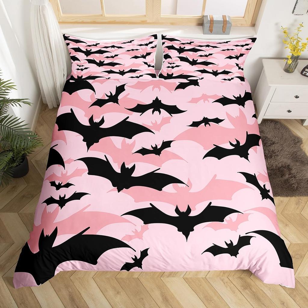 Happy Halloween Bedding Set 3D Bat Printing 2-3 Piece Set (No Core) Suitable for Bedroom Duvet Cover Set Halloween Decor Gift