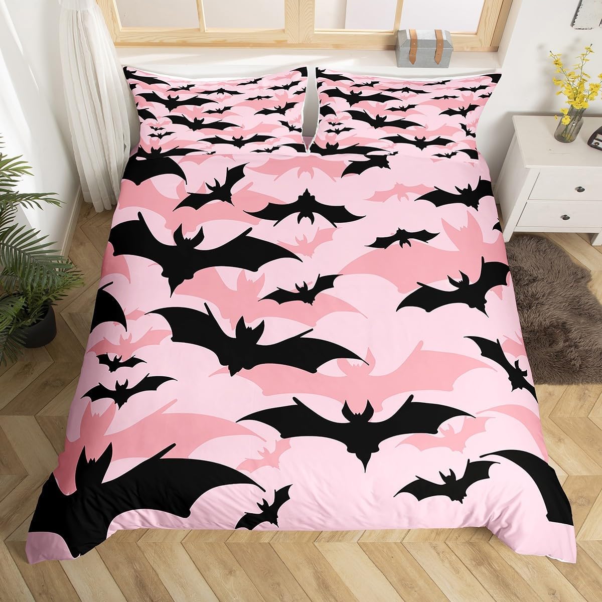 

Happy Halloween Bedding Set 3D Bat Printing 2-3 Piece Set (No Core) Suitable for Bedroom Duvet Cover Set Halloween Decor Gift Eusingle 135x200cm