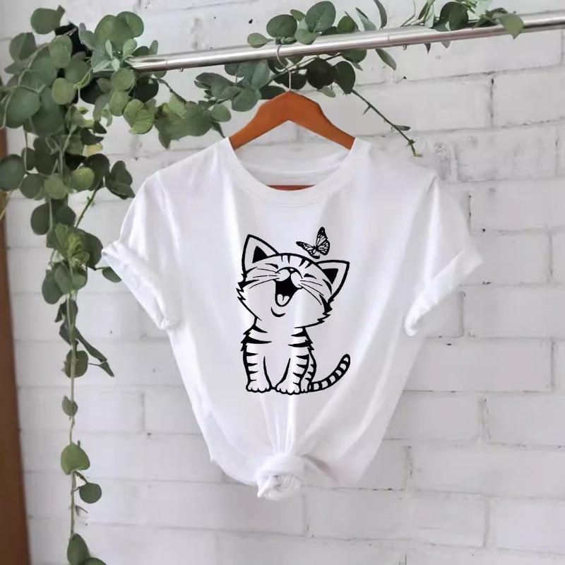 Cotton T-shirt Summer Short Sleeve Round Neck Cat Pattern Printed T-Shirts Women’s