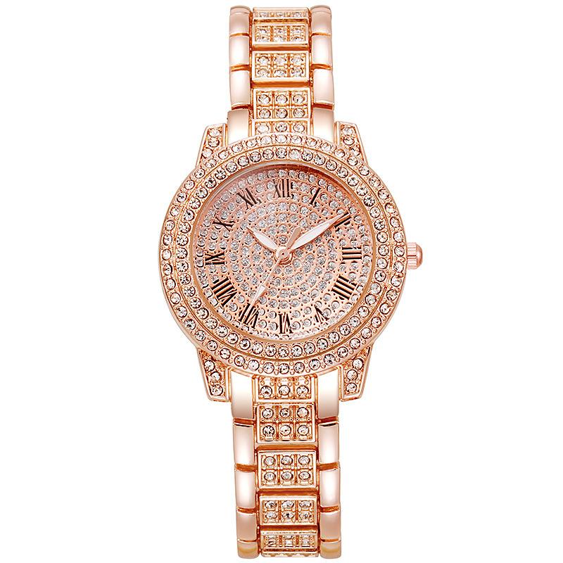 3 Colors Available Round Full Crystal Ladies Watch Roman Numeral Stainless Steel Band Dress Quartz Wristwatch