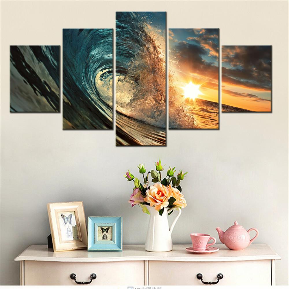 5 Pieces Canvas Wall Arts Poster Paitning Nature Ocean Waves Sunset Wallpaper Modern Home Decor Picture Printing Mural Artwork