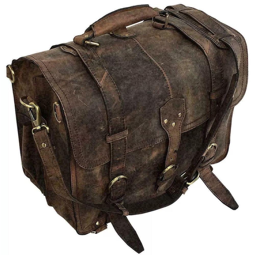 Vintage Brown Genuine Buffalo Leather Messenger Bag 16"Laptop Briefcase Satchel