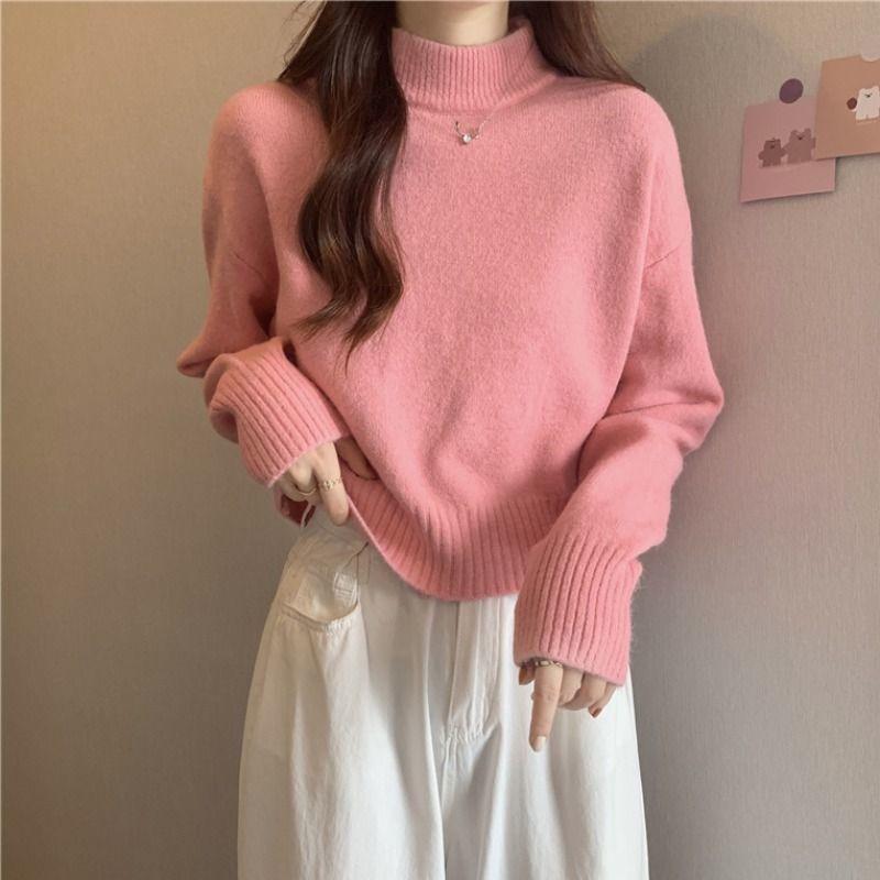 

Осенний новый трикотажный свитер с полувысоким воротом для женщин, маленький повседневный свободный внутренний свитер, короткий универсальный топ XXL розовый