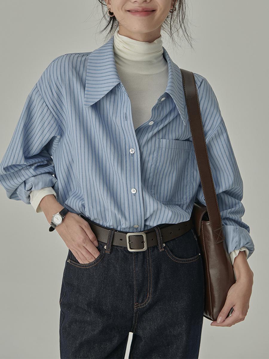 

Осенний синий полосатый свободный драпированный топ-рубашка Medium