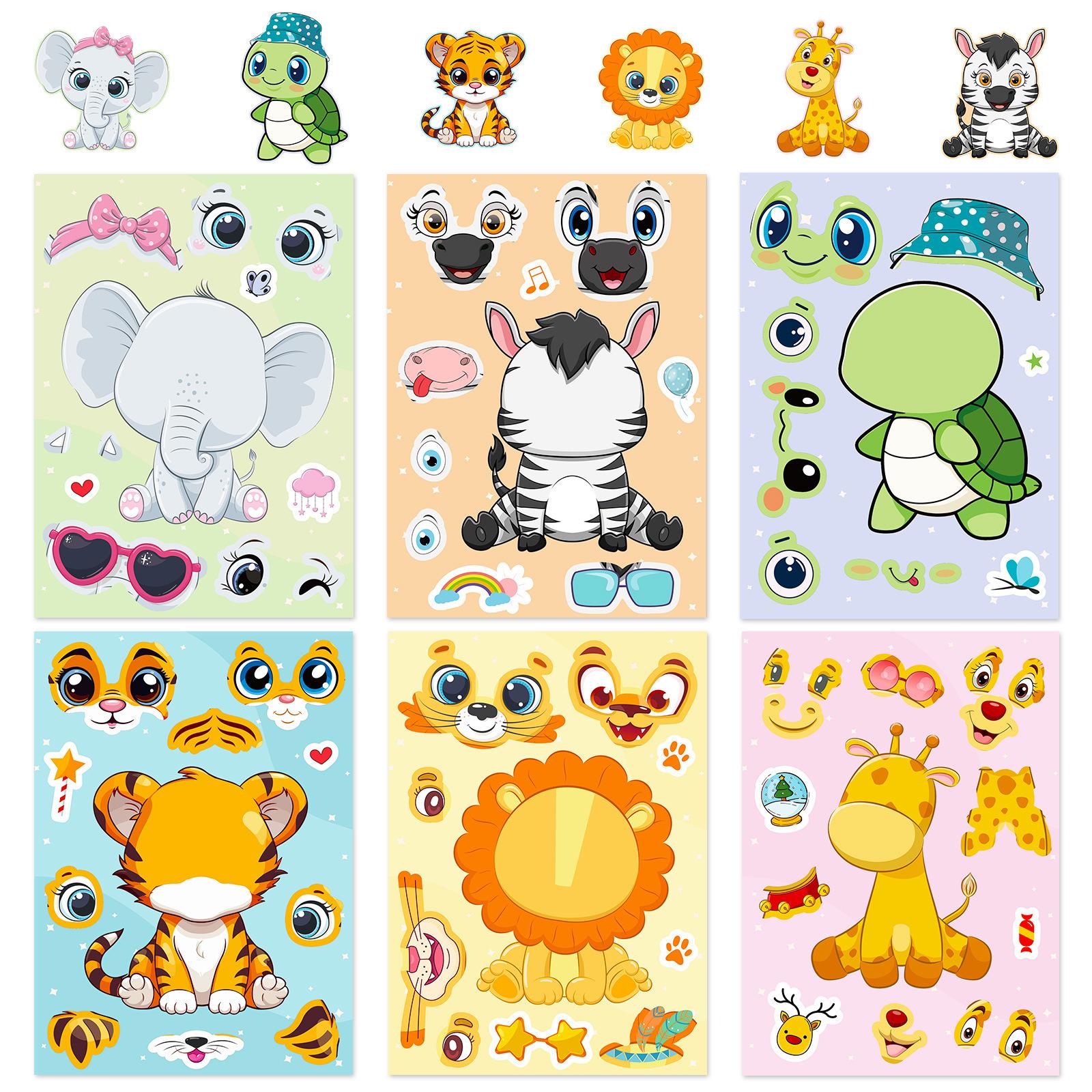 

6 Sheets Face Make-a- Decals Kids Cartoon Animal Stickers Set for Notebook Phone Laptop Stationery Decoration Gifts For Children
