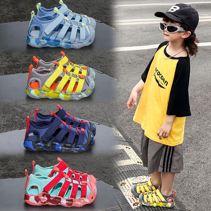Children's sports sandals summer new girls' Velcro toe cap sandals lightweight anti slip boys' beach shoes