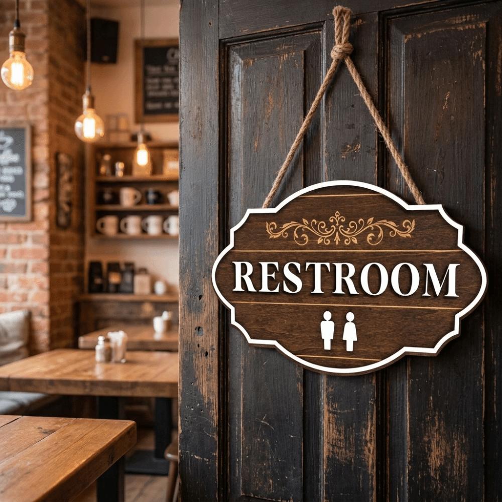 Wooden Wall Art Sign Wreath Circle Decorative Plaque Cute Bathroom Sign Plate Toilet