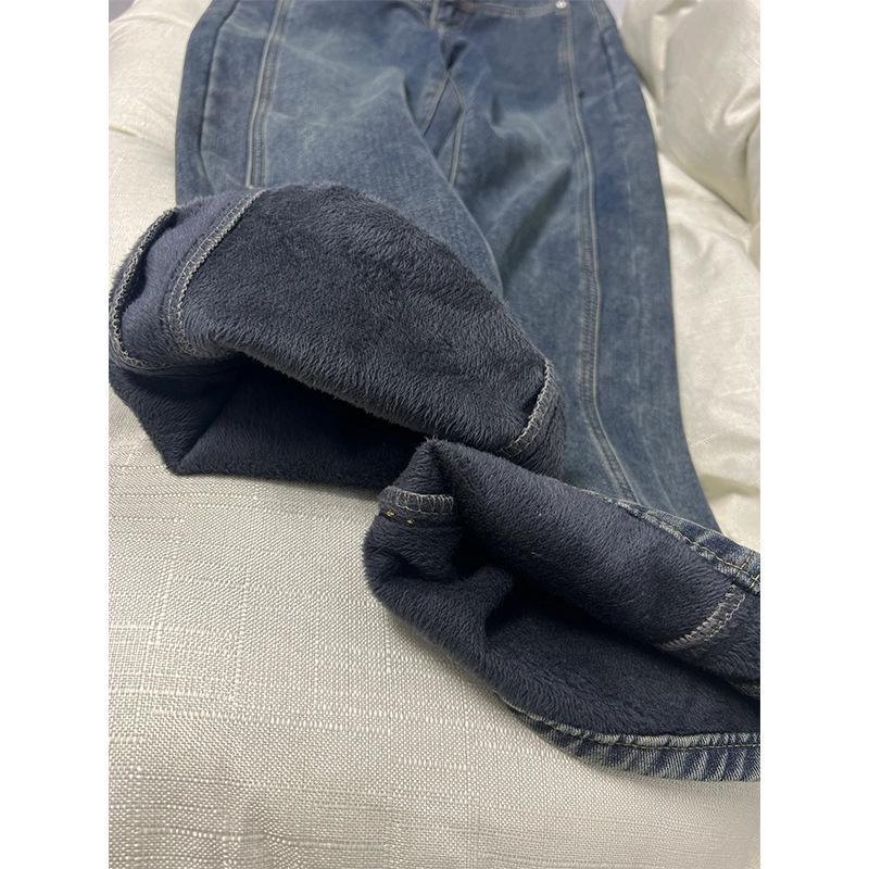 Women's Plus Size Fleece-Lined Wide Leg Jeans, 2024 Winter Loose Straight Fit Slimming Floor-Length Pants