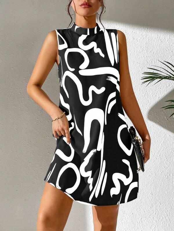 

Women s Sleeveless A-Line Dress with Abstract Line Print in Multiple Color Options S чорний