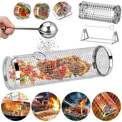 Rolling Grilling Baskets,Grill Baskets for Outdoor Grill, Stainless Steel Rolling Grill Basket, BBQ Grill Accessories Vegetable