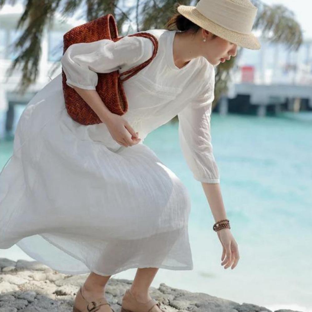 LYRIA Ramie White Dress Elegant Femme Spring Summer Double Layered Mid Length Dress for Women Y2K