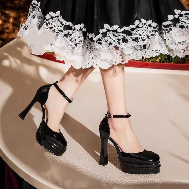 Fashion Women's Super High Heels Pointed Tip Thick Heel Ankle Strap Platform Heels Side Cutout Sexy Wedding Banquet Sandalias De Mujer