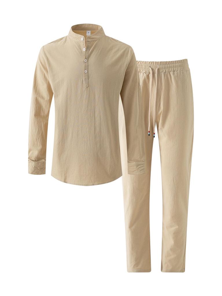 2024 Men's Solid Color Cotton Linen Henley Shirt & Long Pants Set - Autumn/Winter Casual Wear