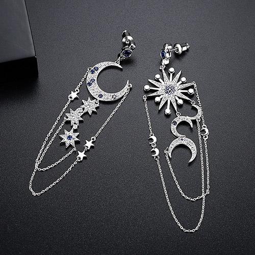 LUOTEEMI Brand New Authentic Crescent Half Moon & Star Dazzling Blue CZ Tassel Chains Drop Earrings for Women Jewellery Bijoux
