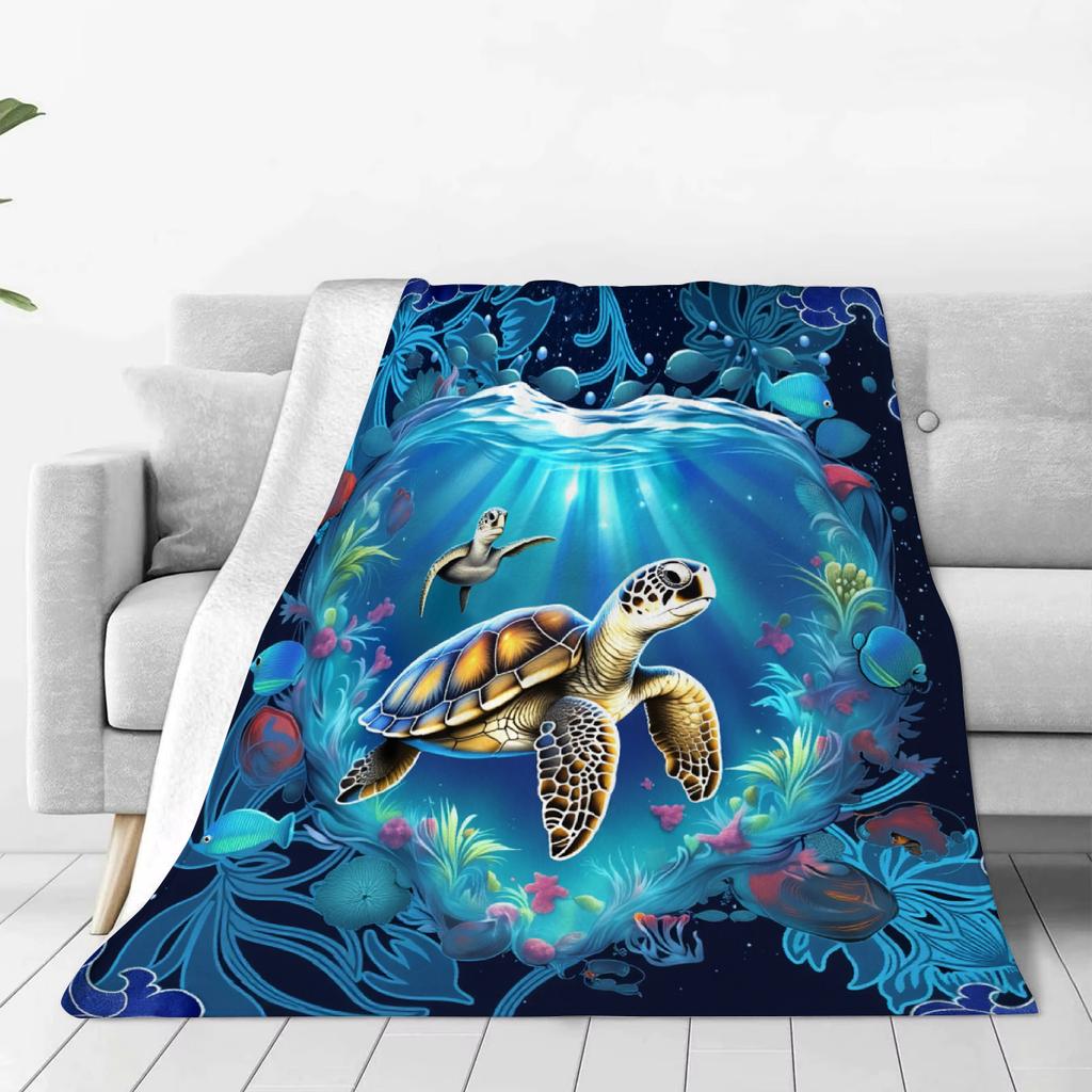1pc Blue Blanket Sea Turtle 3D Printed Comfortable Flannel Blanket for Home Living Room Bedroom Decor Birthday Gift