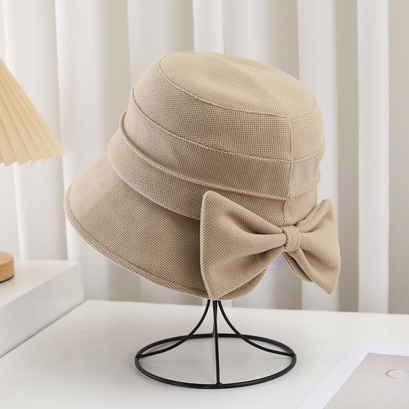 Back Split Bow Bucket Hat Women's Autumn and Winter New Sunscreen Basin Hat Elegant Temperament Versatile Plain Hat