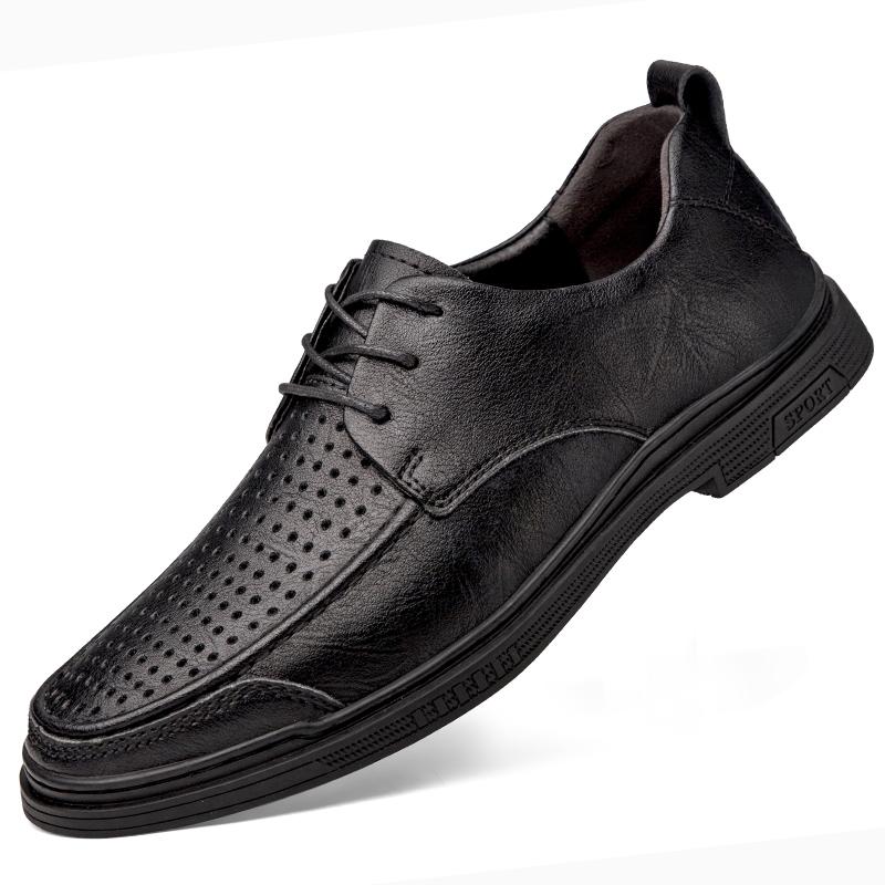 Fashion Summer Perforated Men's Adult Leather Shoes White Genuine Leather Lace-up Oxford Shoes Brand Casual Low Heel Men's Wedding Shoes