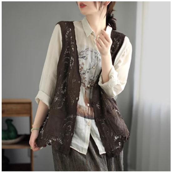 Primavera Estate Vintage Gilet Traforato Donna Pizzo Capispalla Mantella Scollo a V Gilet Monopetto Senza Maniche Cardigan Top Solidi