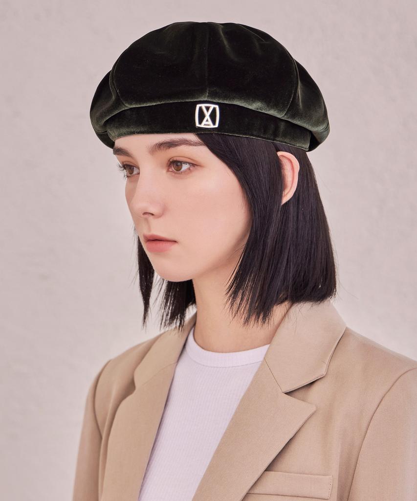 Bajal Va Square Studded Octagon Velvet Beret Khaki