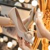 High Heels Women's Stiletto Niche Single Shoes Sequined Pearl Wedding Shoes Bridal Shoes with Wedding Dress