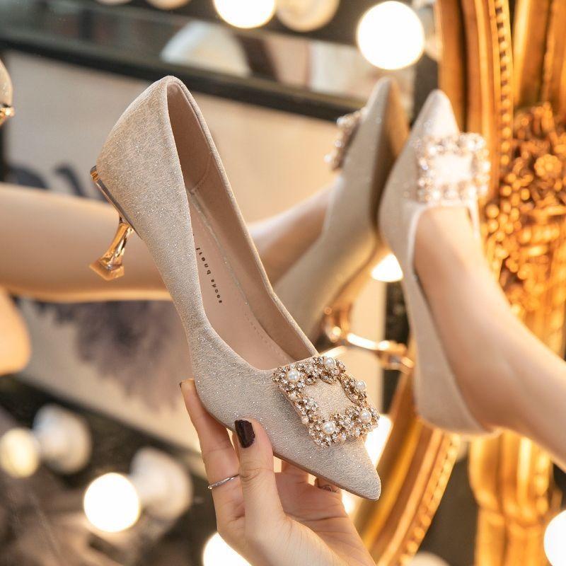 High Heels Women's Stiletto Niche Single Shoes Sequined Pearl Wedding Shoes Bridal Shoes with Wedding Dress