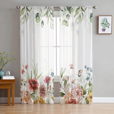 Cortinas transparentes de tul con diseño de flores de eucalipto y rosas para dormitorio, decoración navideña